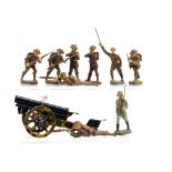 Elastolin 70mm scale composition British Infantry in fighting poses (9), with Duro officer, Lineol