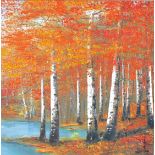 Inam (Pakistani Contemporary), Autumn depicting of trees by the waterside, limited edition of