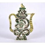 A 19th Century Chinese wine flask in the shape of the character shou, painted with underglaze