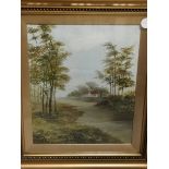 A 20th Century oil on canvas, rural landscape of a river surrounded by trees and a cottage in the