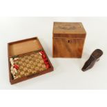 A mahogany rectangular section tea caddy with satinwood banding and shell motif, 12cm x 12cm x