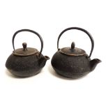 Two early 20th Century Chinese cast iron teapots, of squat compressed form with all over raised