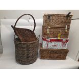 Wicker Picnic Hampers and log Basket, four wicker hampers one a Selfridges example another