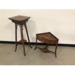 An Edwardian mahogany and inlaid plant stand, together with a small corner whatnot