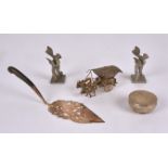 A group of Asian metal ware objet d'art to include a plated carriage pulled by buffalo, 4.5cm x 9.