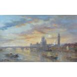 A 20th Century oil on board, seascape with London bridge and the palace of Westminster in the