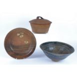 Three British studio ceramics, one a covered bowl with internal ash glaze, impressed monogram mark