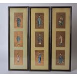 Three framed panels of Chinese rice paper paintings, all with persons holding objects or engaged