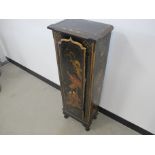 An early 20th Century lacquered Chinoiserie cabinet, narrow body with a single panelled door, two