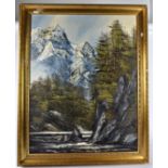 A pair of 20th Century mixed media on canvas paintings, both depicting mountain gorges, both