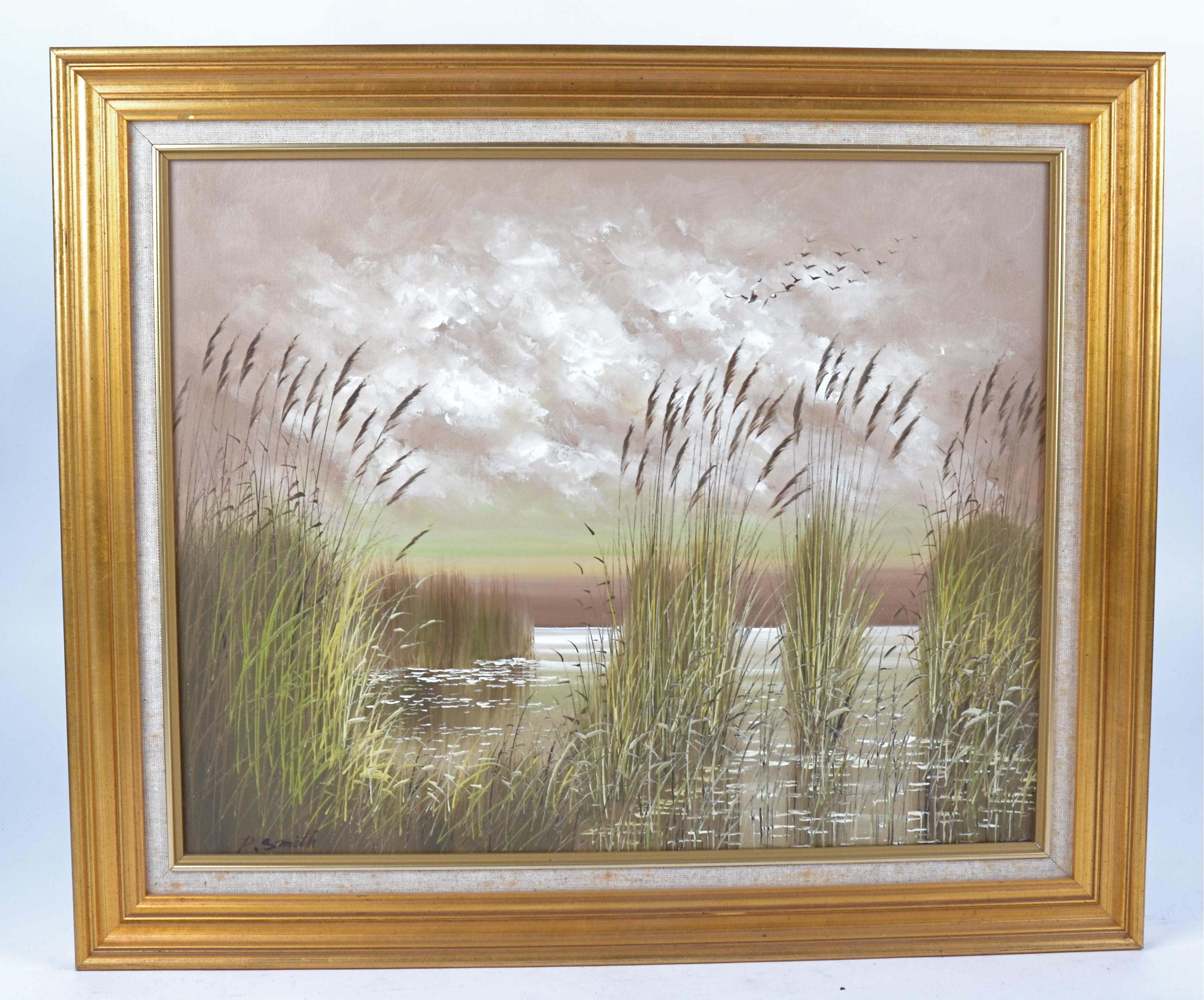 20th Century oil on canvas, reed beds, signed (lower left) 'P. Smith', framed, internal dimensions - Image 2 of 3
