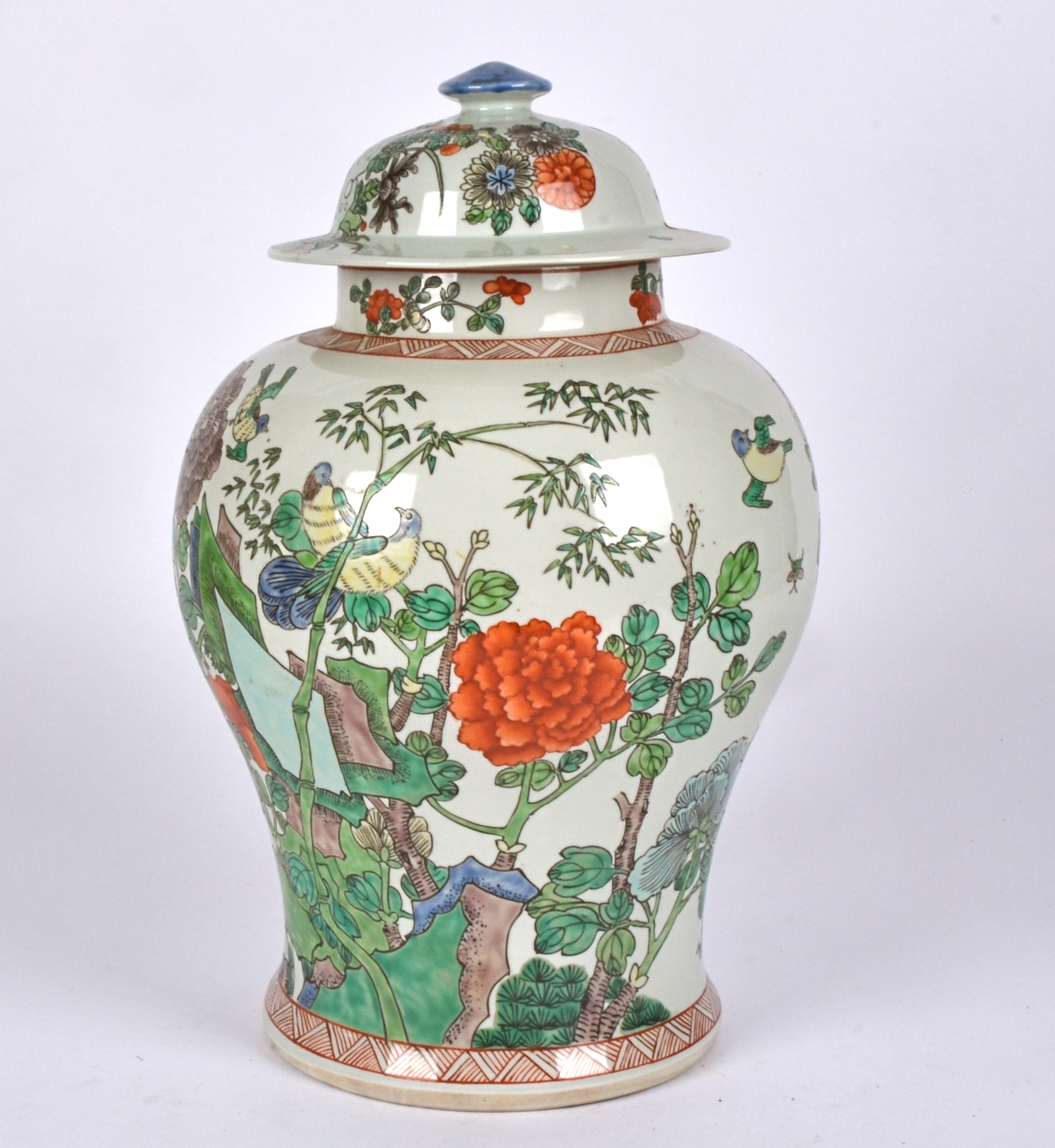 A Chinese 20th Century baluster vase and cover with overglaze wucai enamel of birds perching on - Image 2 of 4