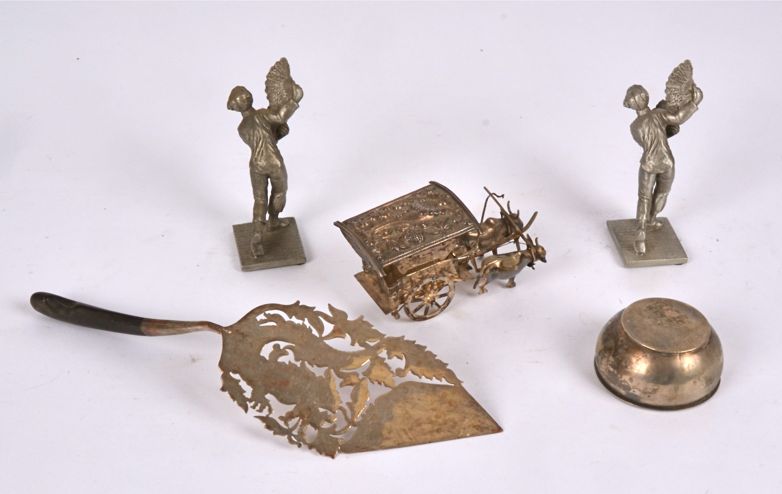 A group of Asian metal ware objet d'art to include a plated carriage pulled by buffalo, 4.5cm x 9. - Image 2 of 2