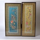 Three 20th Century Chinese framed silks, one with male and female dancing figures, the lady