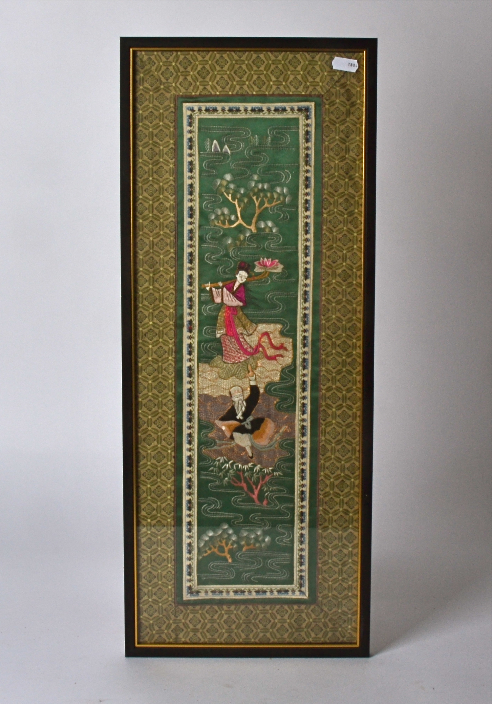 Three 20th Century Chinese framed silks, one with male and female dancing figures, the lady - Image 2 of 2