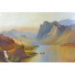 J. Mactorlane 20th Century oil on canvas, mountainous landscape with a lake in the foreground,