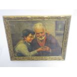 An Italian school oil on board, a grandfather and grandson smoking a pipe, internal dimensions,