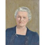 20th Century oil on canvas, portrait of an elderly woman wearing a pearl necklace, signed