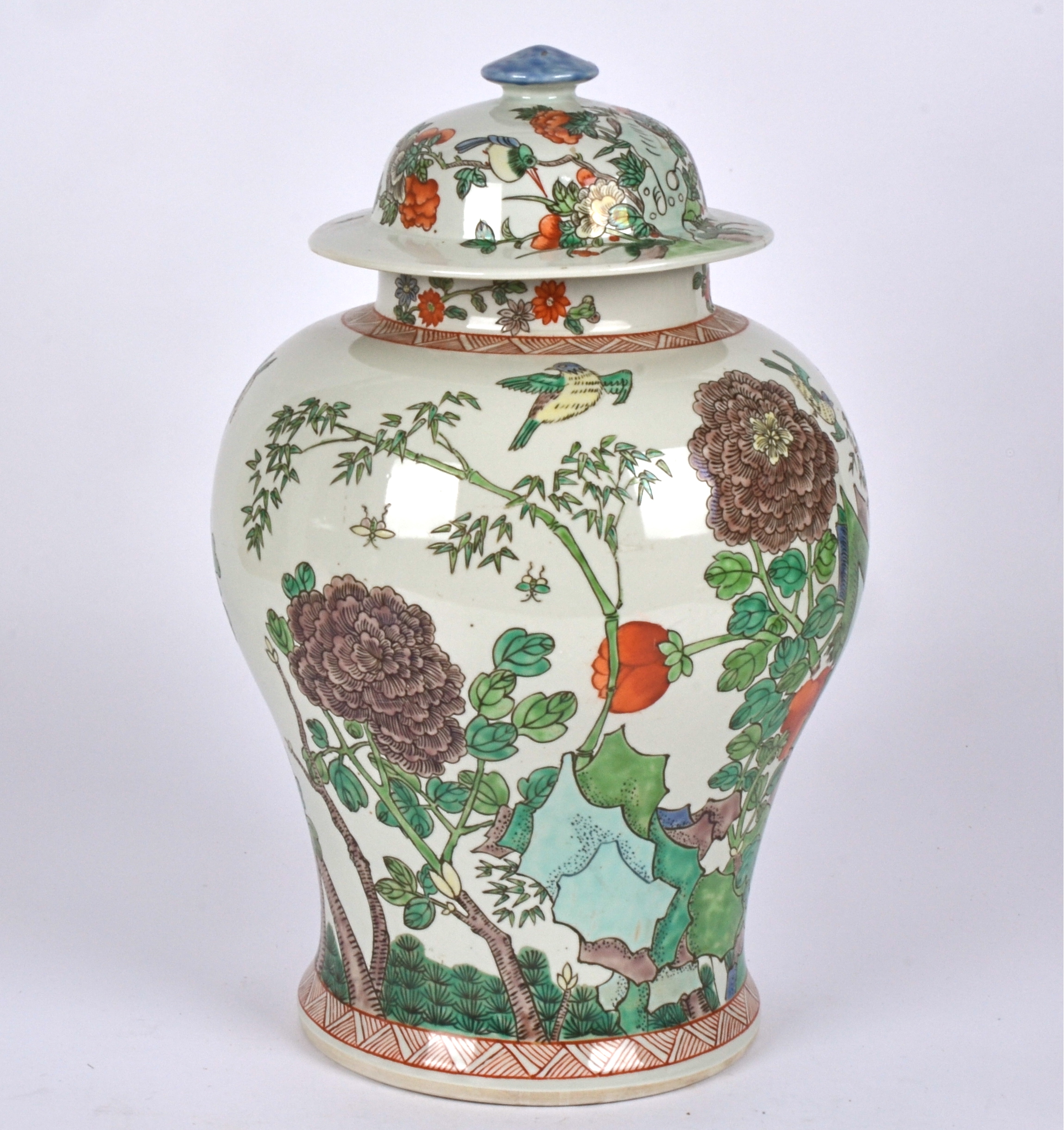 A Chinese 20th Century baluster vase and cover with overglaze wucai enamel of birds perching on