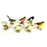 Seven Beswick pottery bird figures, Goldcrest 2415, Greenfinch 2105, Goldcrest 2415, Blue Tit 902,