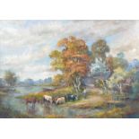 M. J. Rendell 20th Century oil on board, riverside landscape with cows drinking in the foreground,