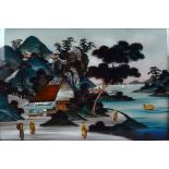 Japanese Paintings on glass, a pair of 1920s panels depicting views of coastal villages with figures