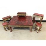 A vintage Indian coffee table and small tables, 80cm x 92cm, with three graduated stools or tables