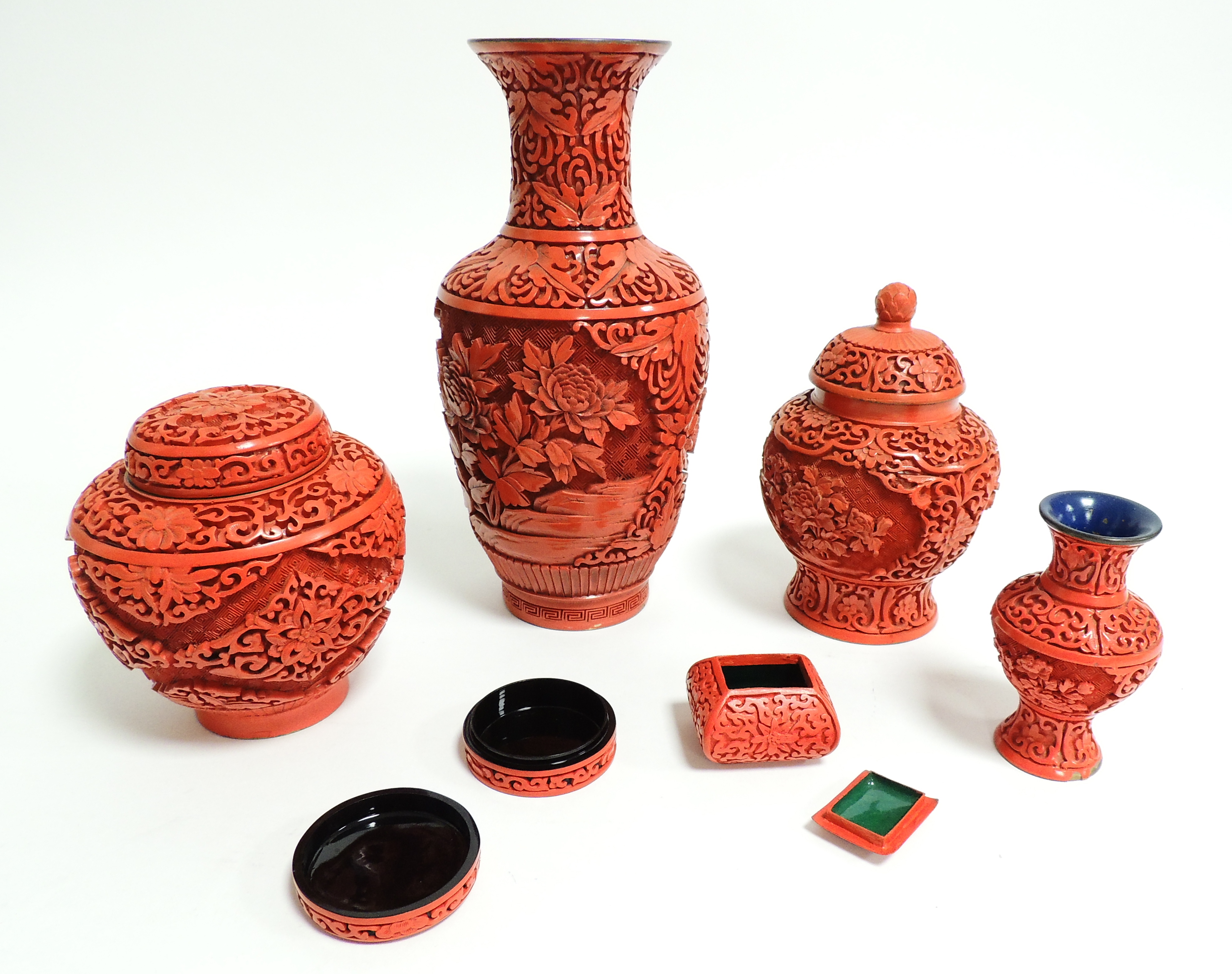 Six items of 20th Century Chinese red cinnabar lacquer, including a baluster vase with chrysanthemum - Image 2 of 4