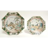 Two octagonal Chinese export ware plates, probably 19th Century, with famille verte overglaze enamel