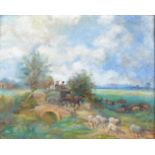 M. J. Rendell 20th Century oil on board, countryside landscape with a horse and cart passing over