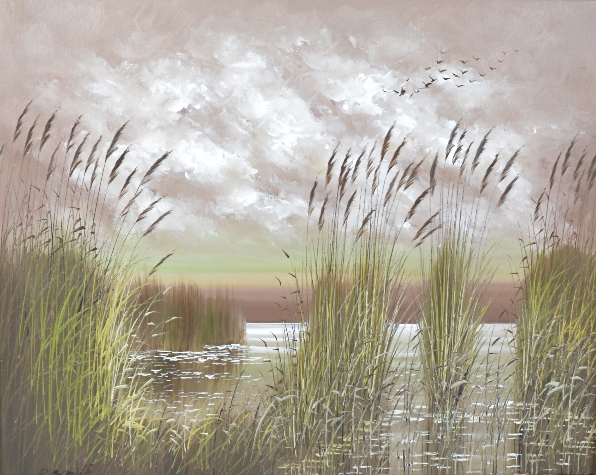 20th Century oil on canvas, reed beds, signed (lower left) 'P. Smith', framed, internal dimensions
