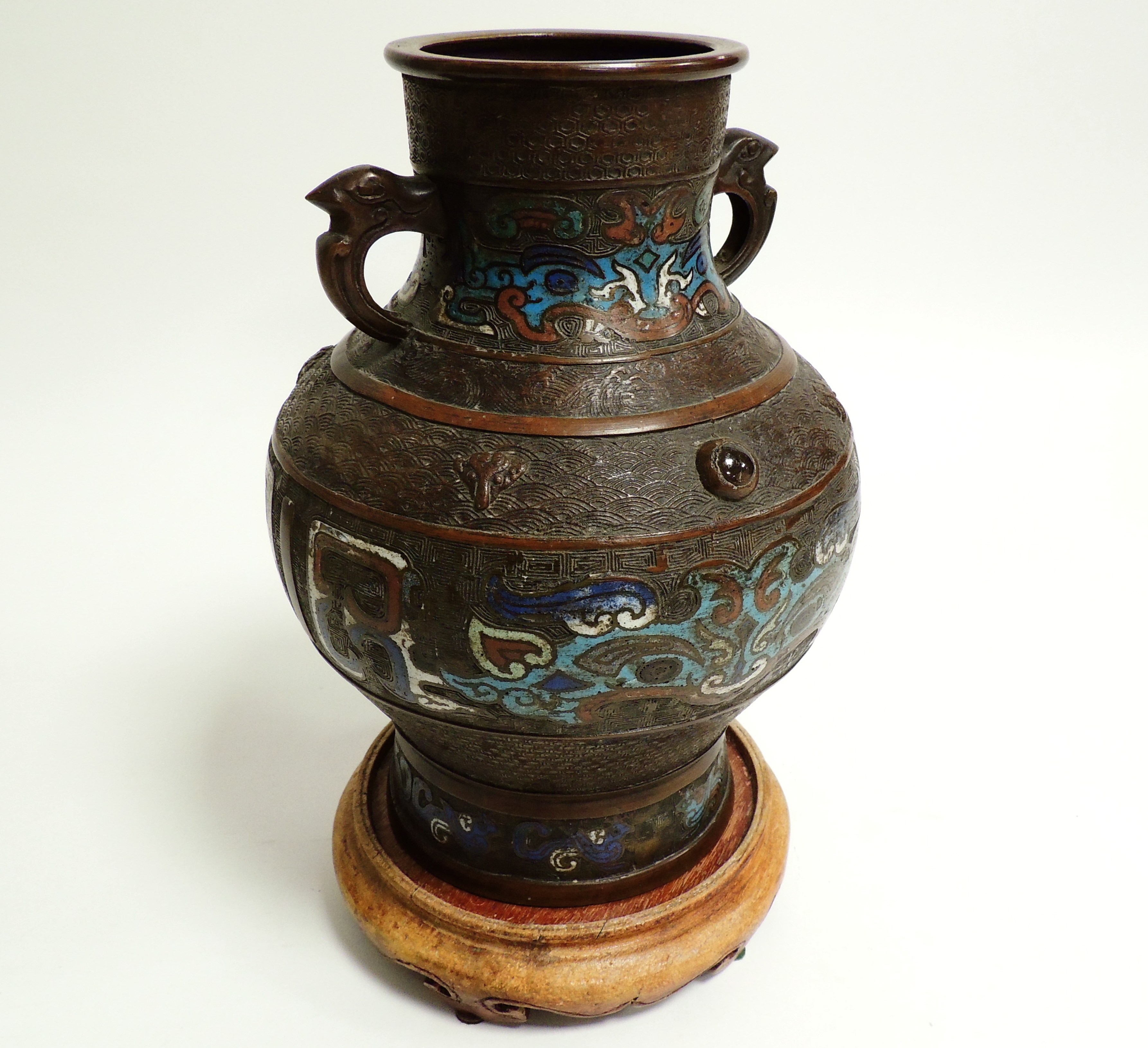 A 20th Century Chinese bronzed vase, with various borders and cloisonné enamel work, the lowest