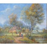 Two early 20th Century oil on boards, countryside landscape with figures beside cottages, both