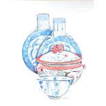 Three late 20th Century Chinese watercolour prints of Chinese porcelain, one with blue and white