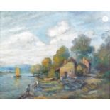 Two early 20th Century oil on boards, boats moored at a harbour, both signed 'M J Randell',