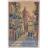 A 20th Century Continental watercolour street scene, the lower left signed 'Goya', framed and