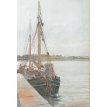 Early 20th Century watercolour on paper, boat moored at a harbour, signed and dated (lower left) 'F.