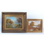 A early 20th Century oil on board, countryside landscape with figures beside a river, signed (