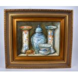 Three oil on board studies of Asian ceramics, one of a ginger jar and vases with a tortoise creeping