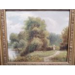 A 20th Century oil on board, a rural lakeside view with a woman passing through a gate, unsigned,
