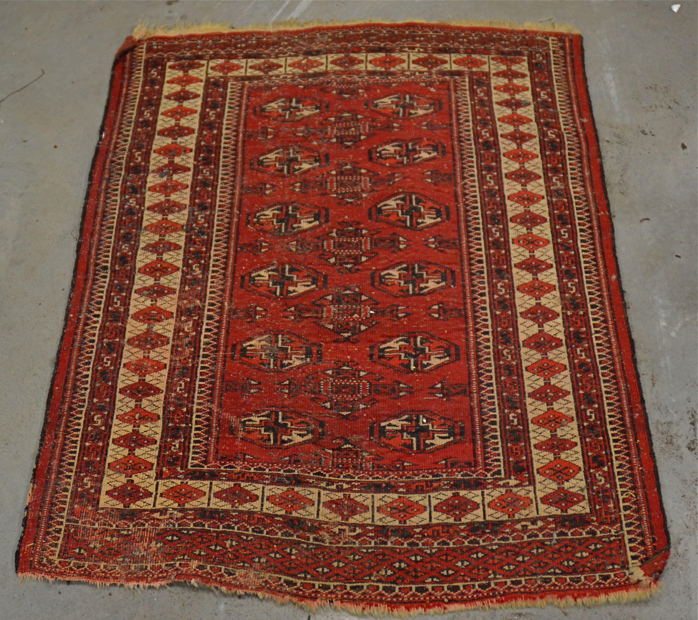 A Middle Eastern rug of near square proportions, with central octofoil shape, surrounded by a - Image 6 of 6