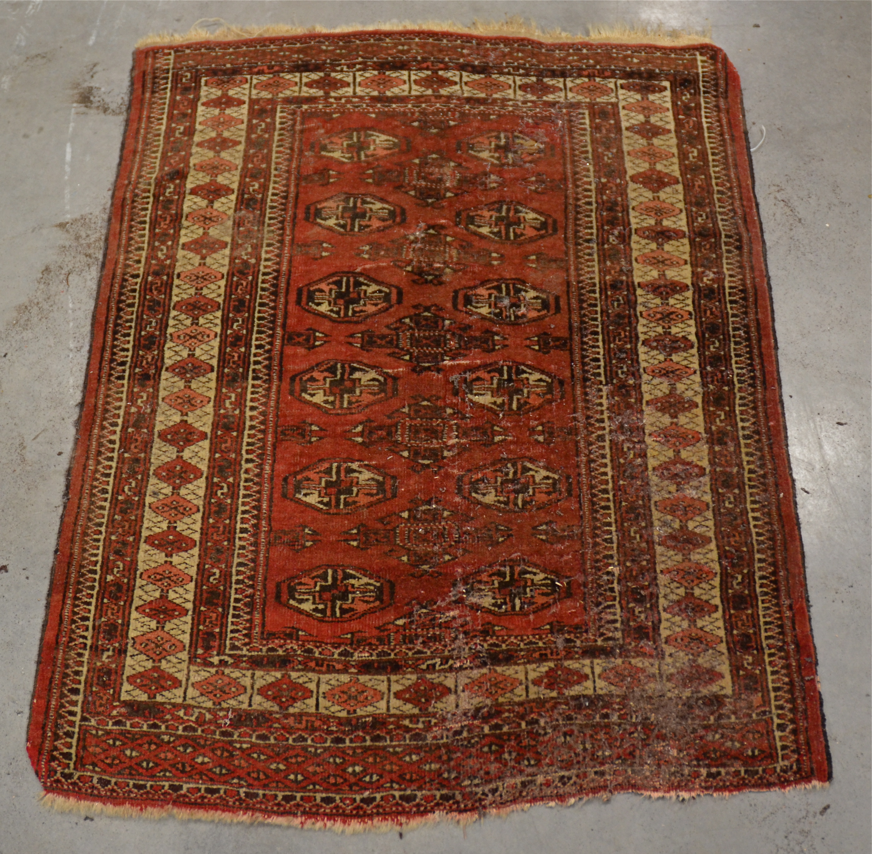 A Middle Eastern rug of near square proportions, with central octofoil shape, surrounded by a - Image 5 of 6