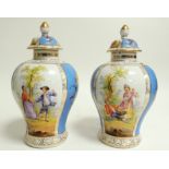 A pair of 20th Century continental Dresden porcelain covered baluster jars, with cartouches of