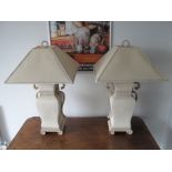 A pair of contemporary ceramic table lamps, simulated stone effect with scroll feet and handles,