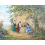 A early 20th Century oil on board, countryside landscape with figures mingling around a well, signed