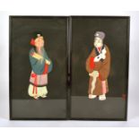 A pair of Chinese fabric pictures, depicting two figures in classical attire, framed and glazed,