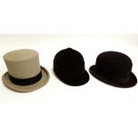An early 20th Century grey top hat, together with a bowler and riding hat (3)