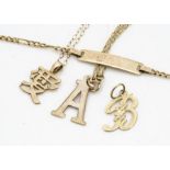 A 9ct gold curb linked lady's identity bracelet, two initial pendants, one with chain and a 9ct