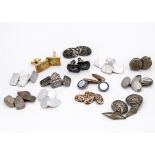 A collection of gentleman's cufflinks, including silver and enamel, filigree, engine turned and