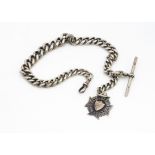 An Edwardian silver heavy curb link graduating watch chain, 91g, with Maltese style cross silver and